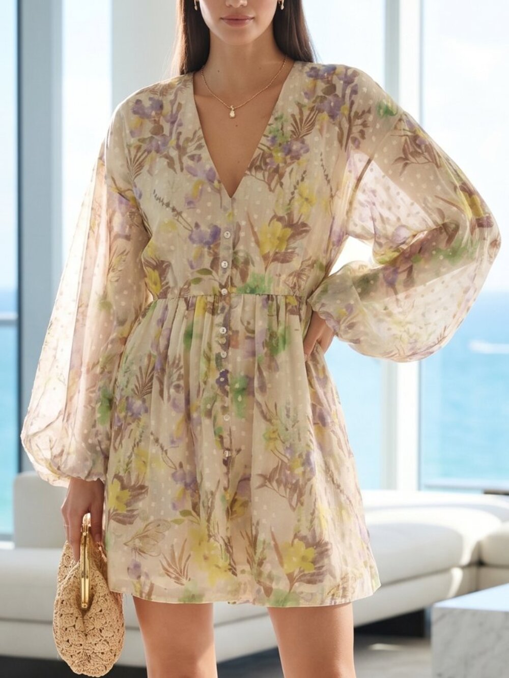$595 ALEXIS Behati parachute sleeves plunging neckline mini dress S